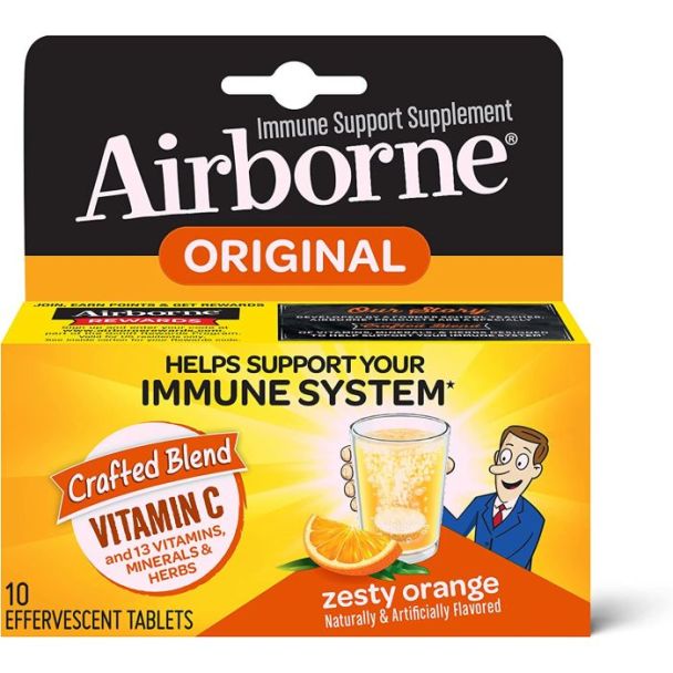 "Side view of Airborne Zesty Orange 10 count effervescent tablets tube for immune support"

