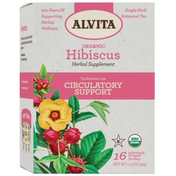 "Alvita Organic Hibiscus Tea box front with 16 individually wrapped tea bags"

