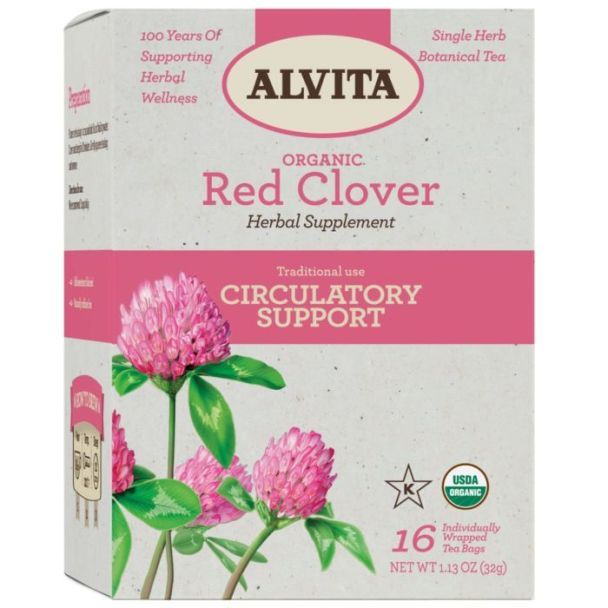 "Alvita Organic Red Clover Tea box with 16 herbal tea bags for circulatory support"

