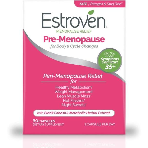 "Estroven Pre-Menopause Relief – Packaging Display with Herbal Ingredients"

