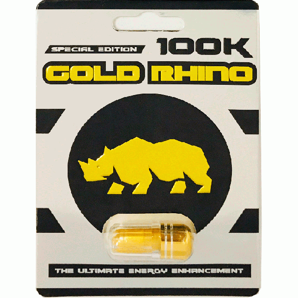 "Gold Rhino 100K Male Enhancement Pill Special Edition blister pack with yellow capsule and black-white packaging"