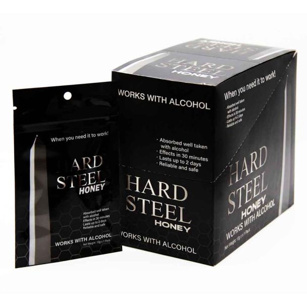 Back of Hard Steel Honey sachet showing the ingredient and serving information