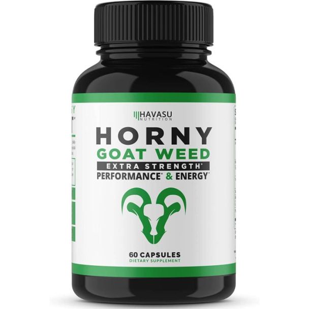 "Havasu Horny Goat Weed 1000mg capsules bottle with ram logo for extra strength energy and stamina boost"

