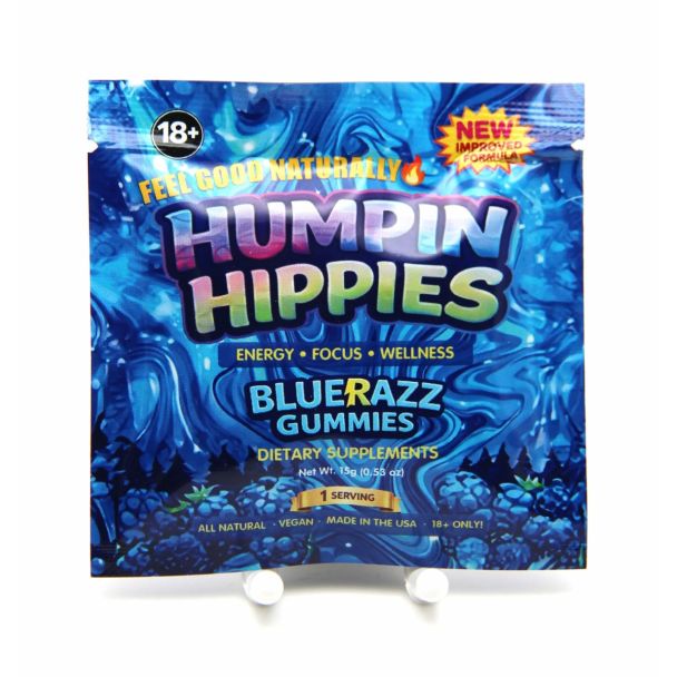 Humpin Hippies Blu Razz Gummies back packaging showing supplement facts and ingredients