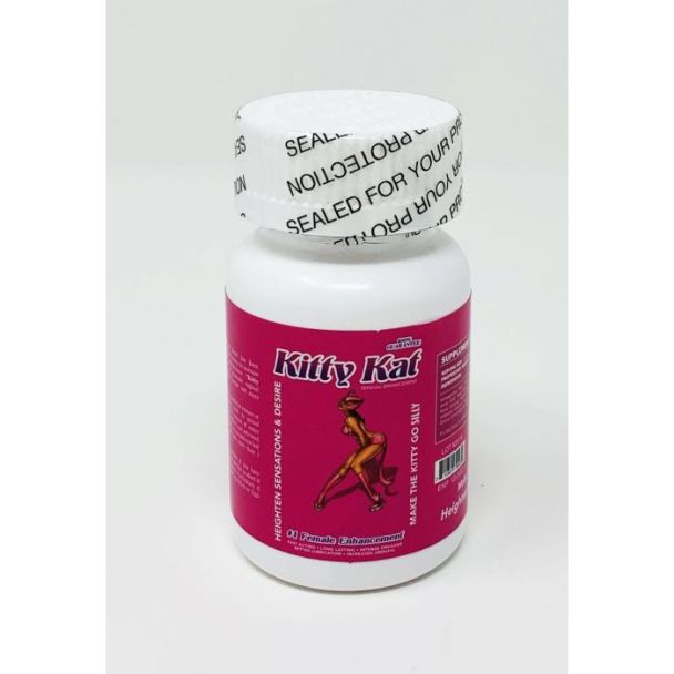 Kitty Kat Female Sensual Enhancement 6 Pills Bottle with pink label and logo