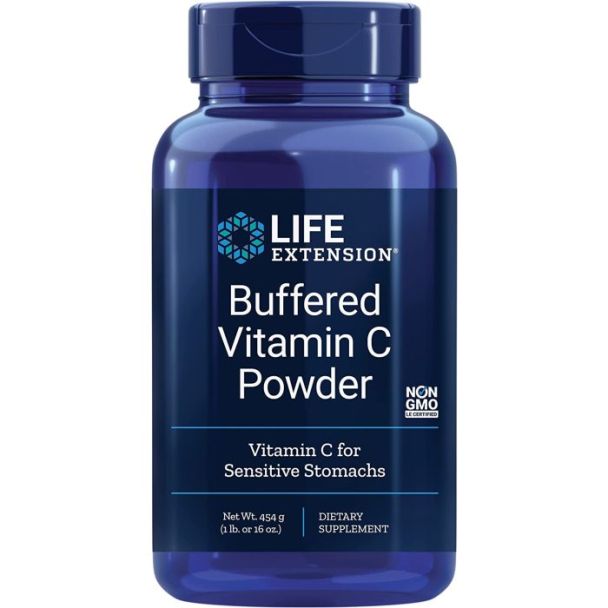 "Life Extension Buffered Vitamin C Powder for Sensitive Stomachs bottle next to fresh oranges and lemons, supporting natural vitamin C benefits"