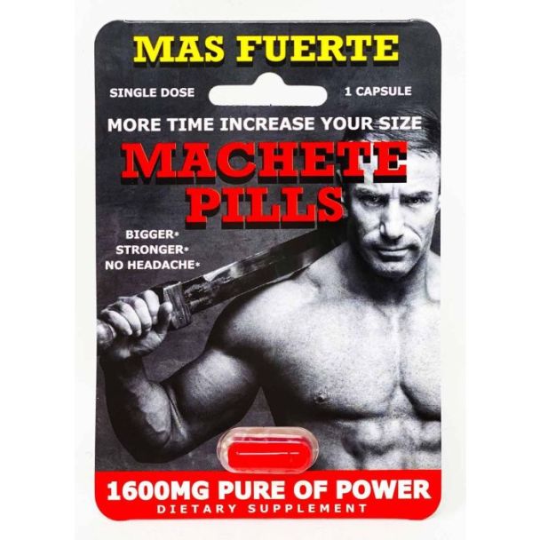 Machete Pills Male Enhancement Red Capsule blister pack with muscular man and bold text