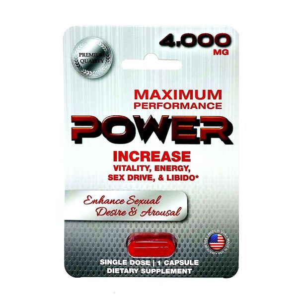 Front view of Maximum Performance Power 4000mg, a male enhancement pill that increases vitality, energy, and libido.