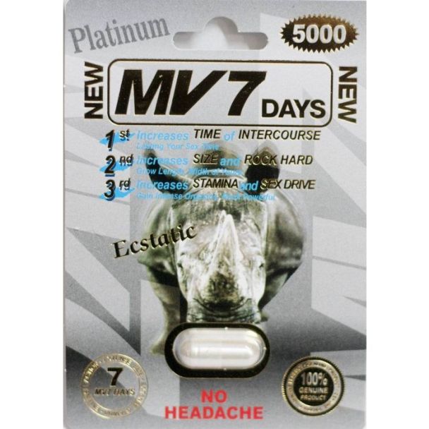 "MV 7 Days Platinum 5000mg male sexual enhancement pill packaging with seven capsules"