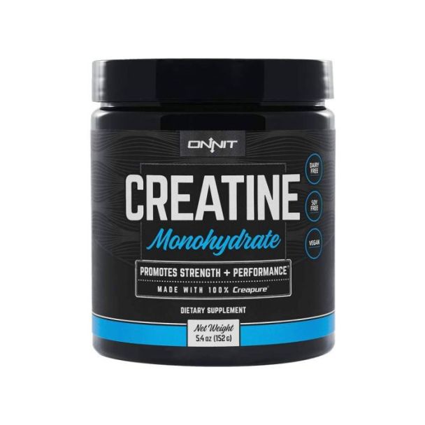 Onnit Creatine Monohydrate front label showing vegan and soy-free tags