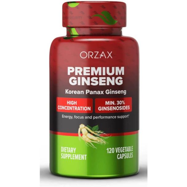Orzax Premium Korean Panax Ginseng bottle and capsules arranged on a table for energy support

