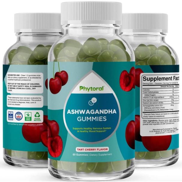 Side view of Phytoral Ashwagandha Gummies bottle with clear labeling.

