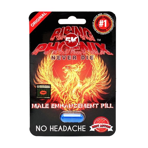 A detailed image of Rising Phoenix 5K Pill packaging, highlighting its bold design and key features for sexual enhancement
