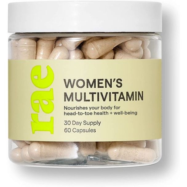 "Rae Women's Multivitamin supplement bottle with 60 capsules – vegan and gluten-free daily support"