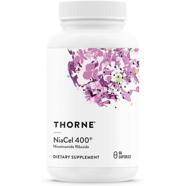 Nutrition label for Thorne Niacel 400 showing active ingredients and excipients