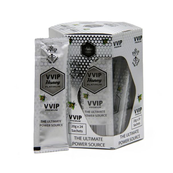 Front view of VVIP Honey Platinum Premium single 20 g sachet
