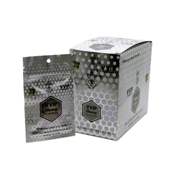 Front view of VVIP Honey Platinum 10 g food supplement sachet