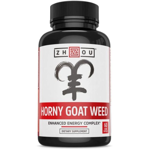 "Herbal blend of tribulus, maca, and horny goat weed in Zhou Horny Goat Weed Extract Enhanced Energy Complex"