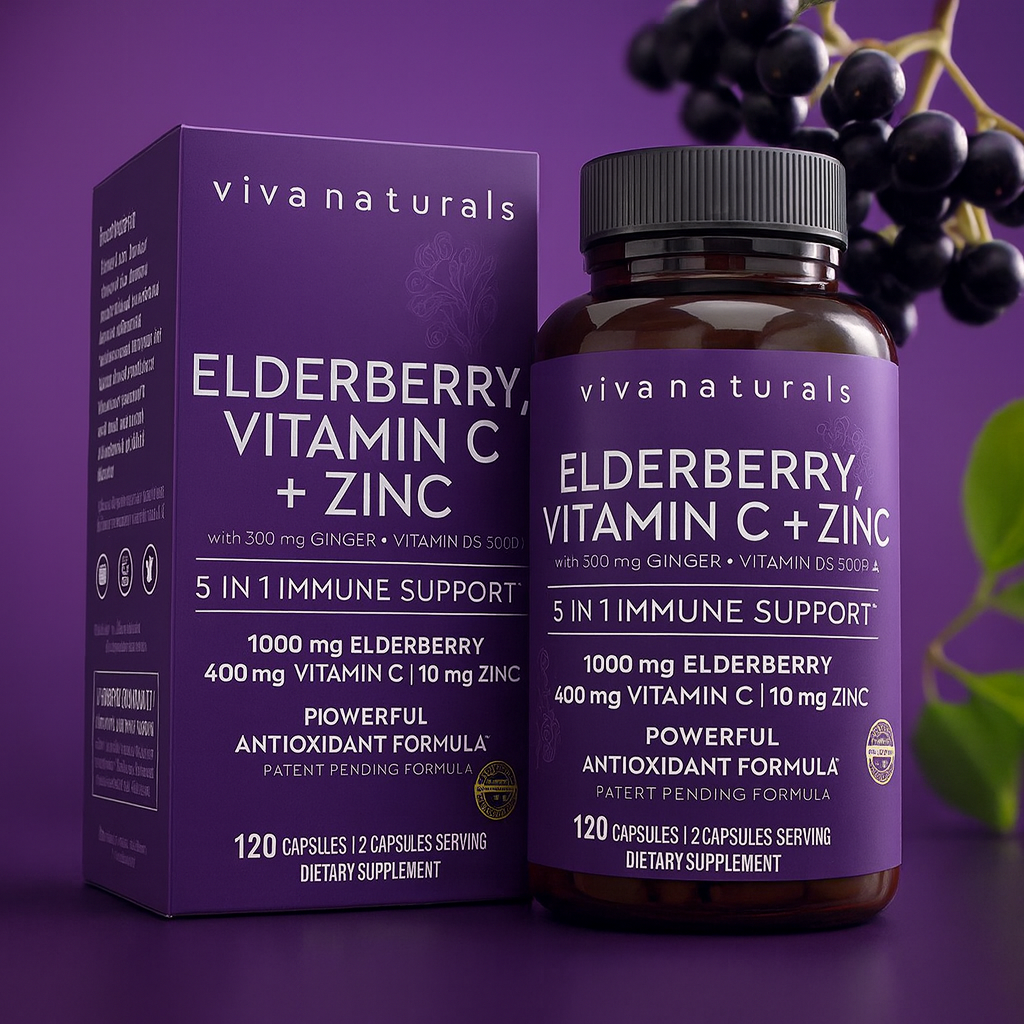 Viva Naturals Elderberry + Vitamin C + Zinc: The Ultimate 5-in-1 Immune Support